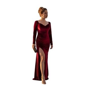 Burgundy Luxe Formal Dress Long Sleeve Slit | Medium